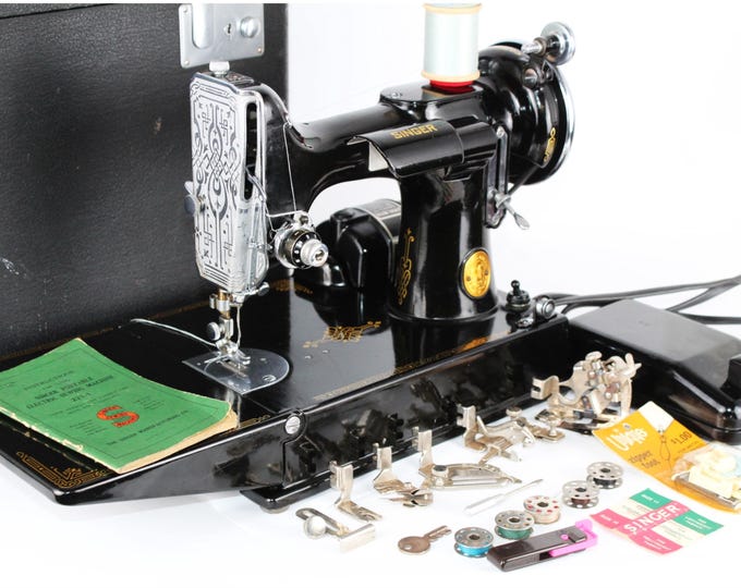 Vintage 1940 Singer 221 Featherweight Scroll Front Sewing Machine - Serviced, Portable, with Case