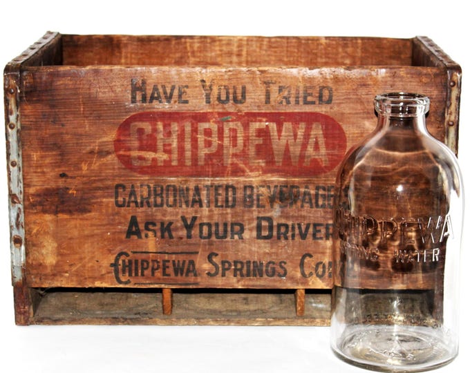 Vintage 1930s Chippewa Springs Water Wooden Shipping Crate with Antique Glass Bottle