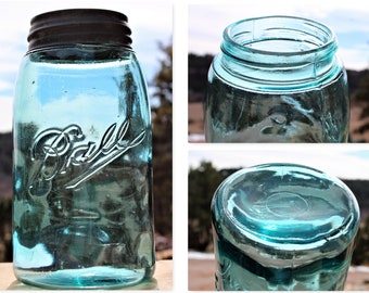 Antique Pre-1900s Triple L Logo Ball Fruit Jar with Zinc Lid, Blue Quart Size