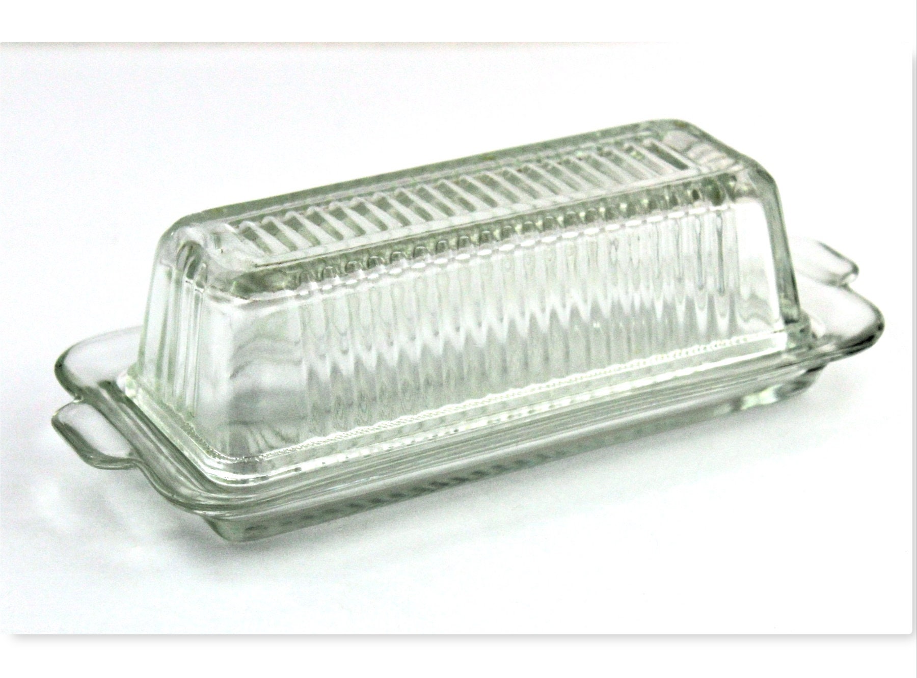 Butter Dish, Pressed Glass Ribbed Butter Tray with Matching Cover