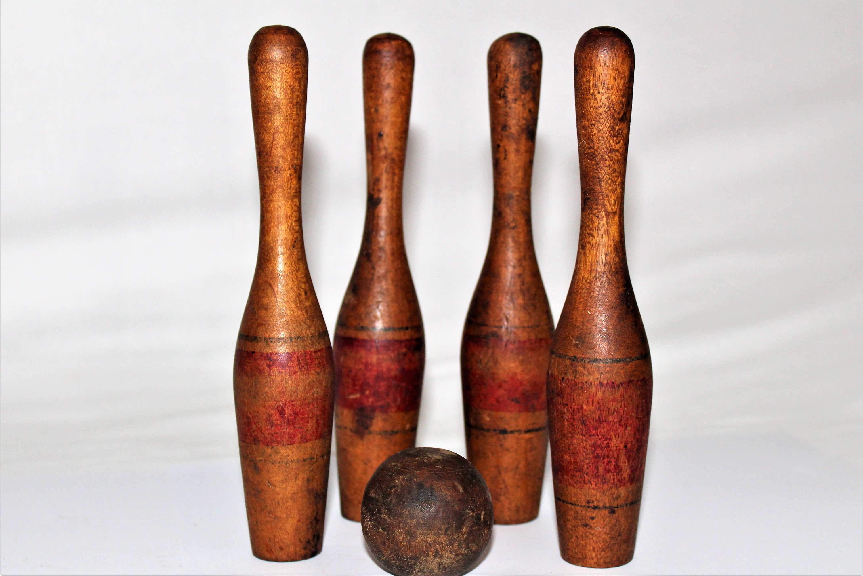 Antique Wood Toy Bowling Set, Primitive Wood Toy