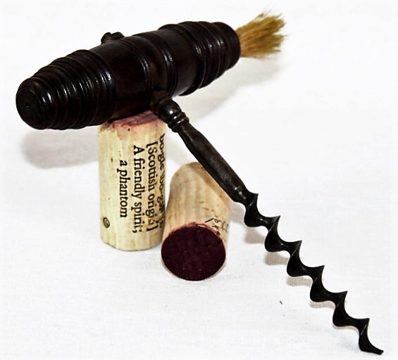 Antique 1800s English Corkscrew with Rosewood Handle and Dusting Brush