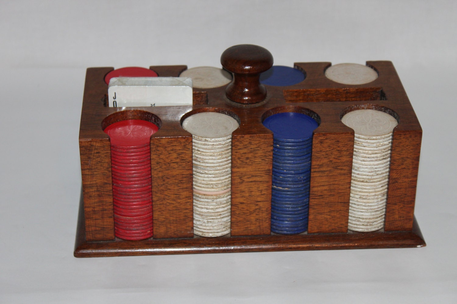 MidCentury Modern Vintage Poker Chip Caddy with Clay Poker Chips and