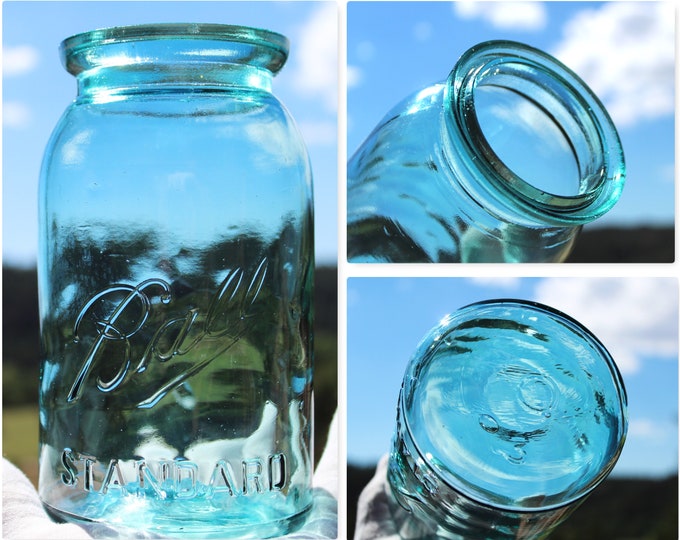 Antique 1910 Ball Standard Wax Seal Canning Jar, Blue Glass
