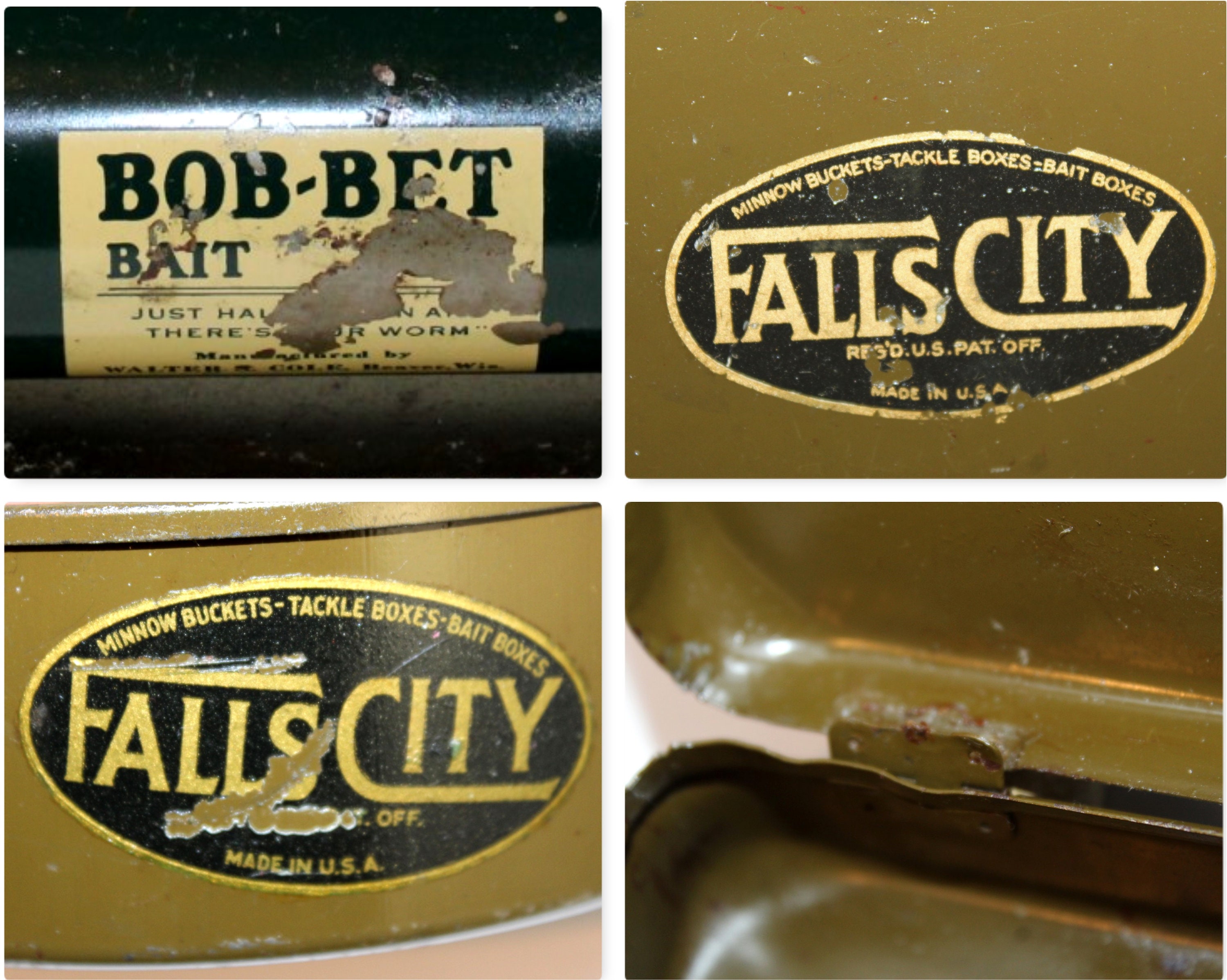 Vintage 1940-50s Fishing Boxes, Falls City Tackle Box, Fall City Bait Box,  Bob-bet Bait Box 