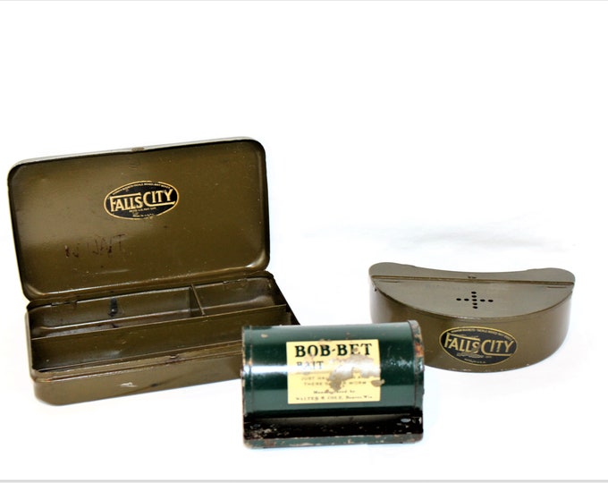 Vintage 1940-50s Fishing Boxes, Falls City Tackle Box, Fall City Bait Box, Bob-Bet Bait Box