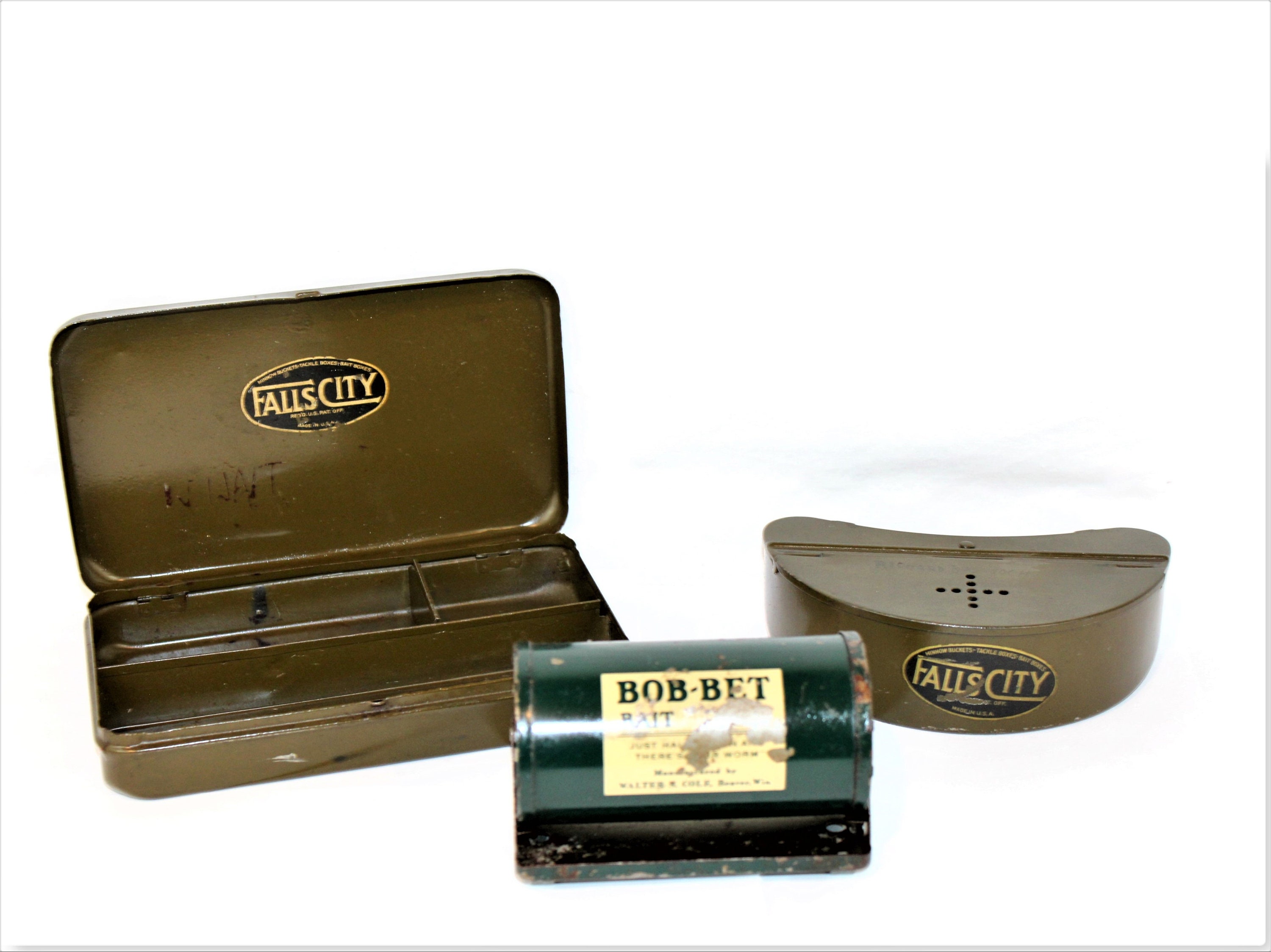 Vintage 1940-50s Fishing Boxes, Falls City Tackle Box, Fall City Bait Box,  Bob-Bet Bait Box