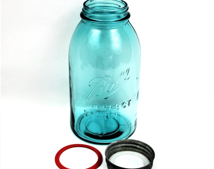Vintage Ball Perfect Mason Blue Glass Half Gallon Fruit Preserve Jar - Antique Farmhouse Decor