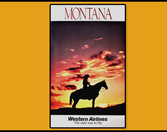 Vintage 1970s Western Airlines Travel Poster Featuring Montana Sunset, Unframed