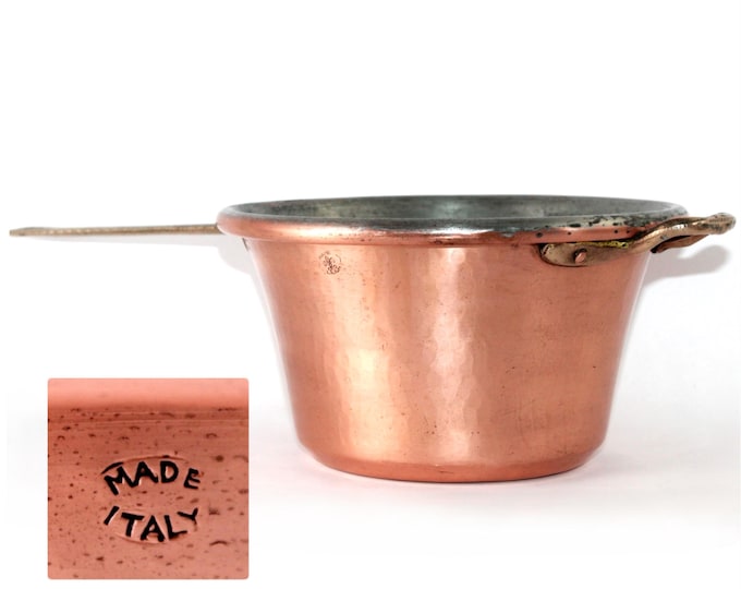 Antique Italian Hammered Copper Cooking Pot with Brass Handles for Polenta & Rustic Kitchen Decor