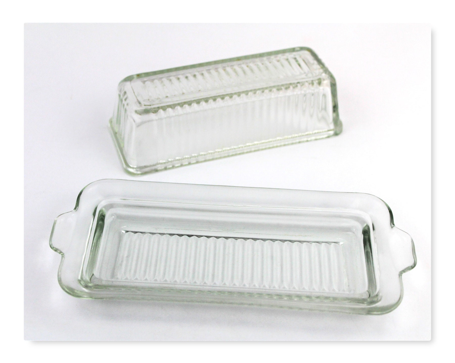 Butter Dish, Pressed Glass Ribbed Butter Tray with Matching Cover