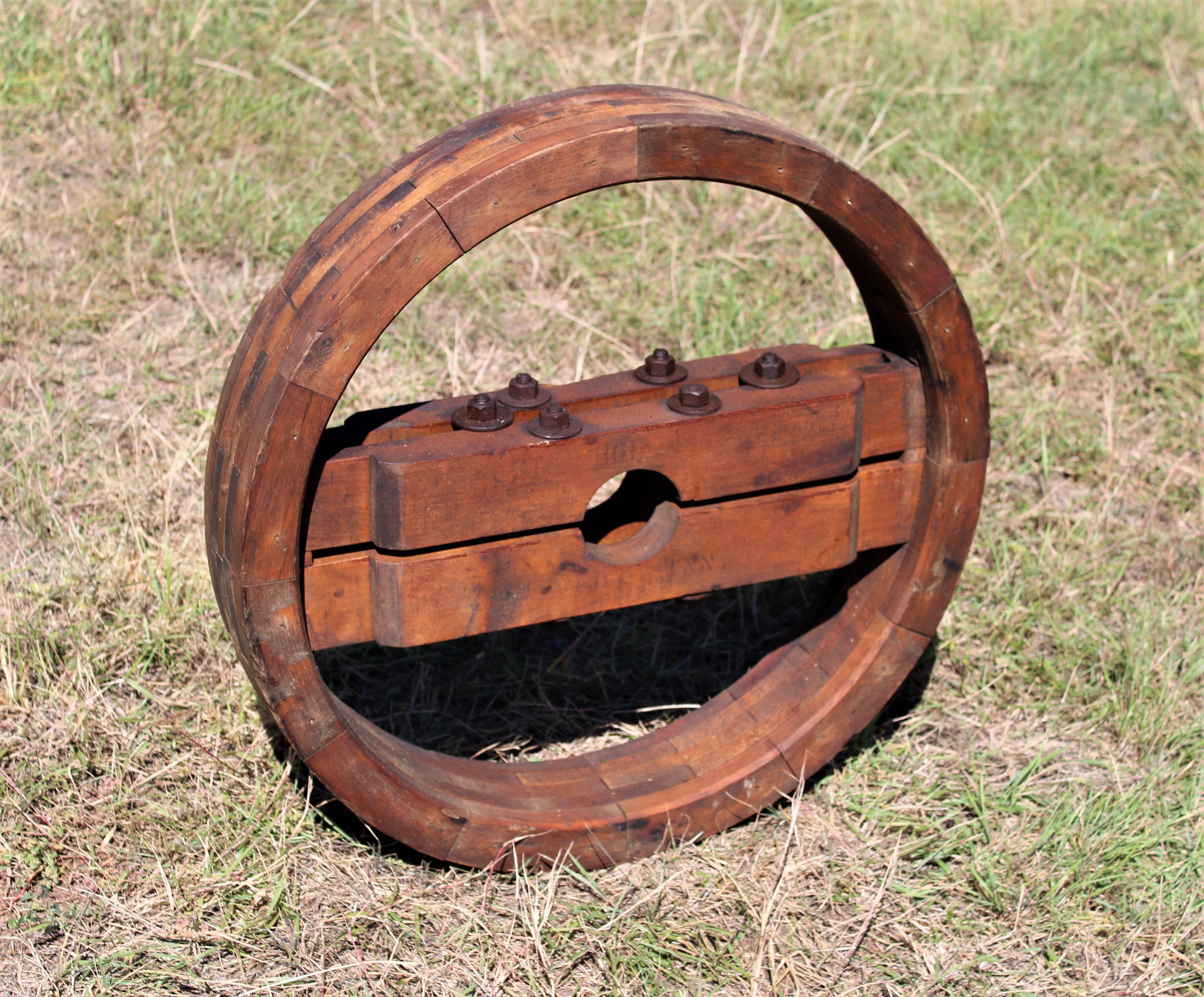 Antique 26” Wood Split Pulley Wheel, Flat Belt Pulley