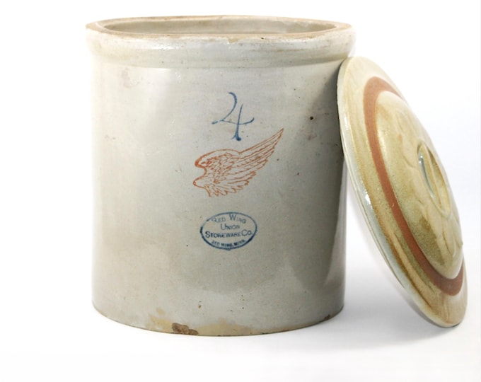 Antique RARE 1917 Red Wing, Union Stoneware Company 4-Gallon Crock and Lid, 4” Red Wing Logo