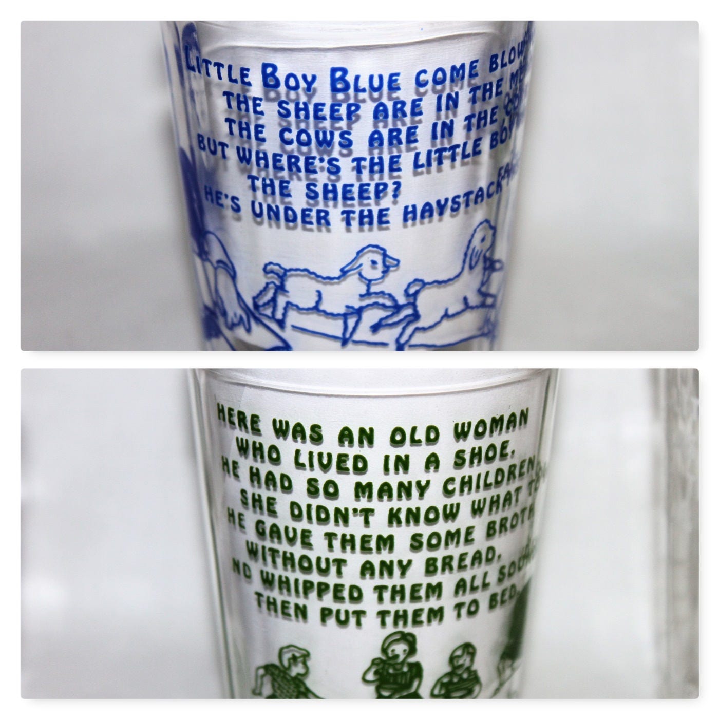 Vintage set of Five 1940s Hazel Atlas Nursery Rhyme Drinking Glasses