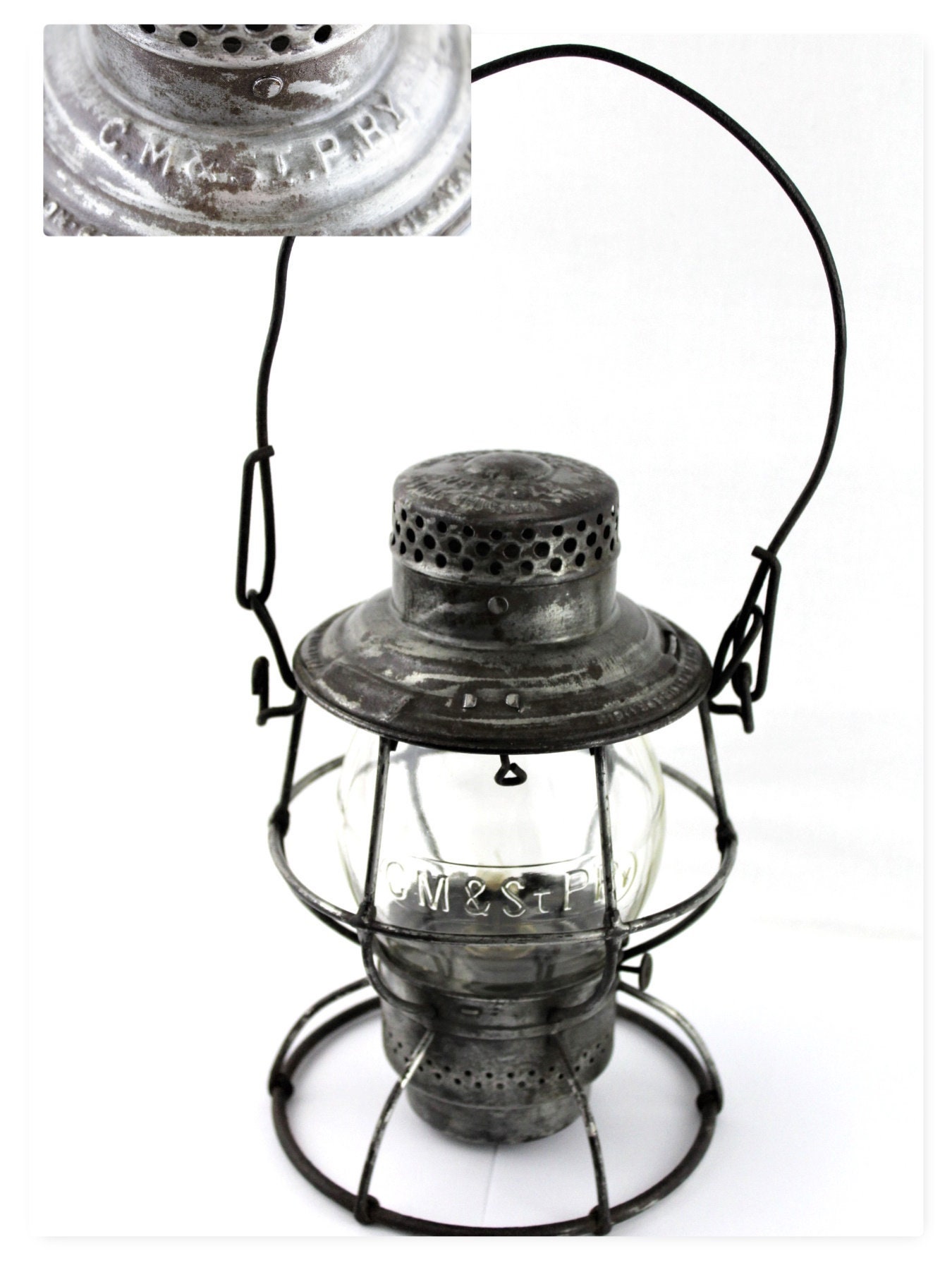 1914 Adlake Reliable Railroad Lantern, Tall Globe Lantern. Made for C. M. &  St. P. RY. Chicago, Milwaukee, St. Paul Railyard