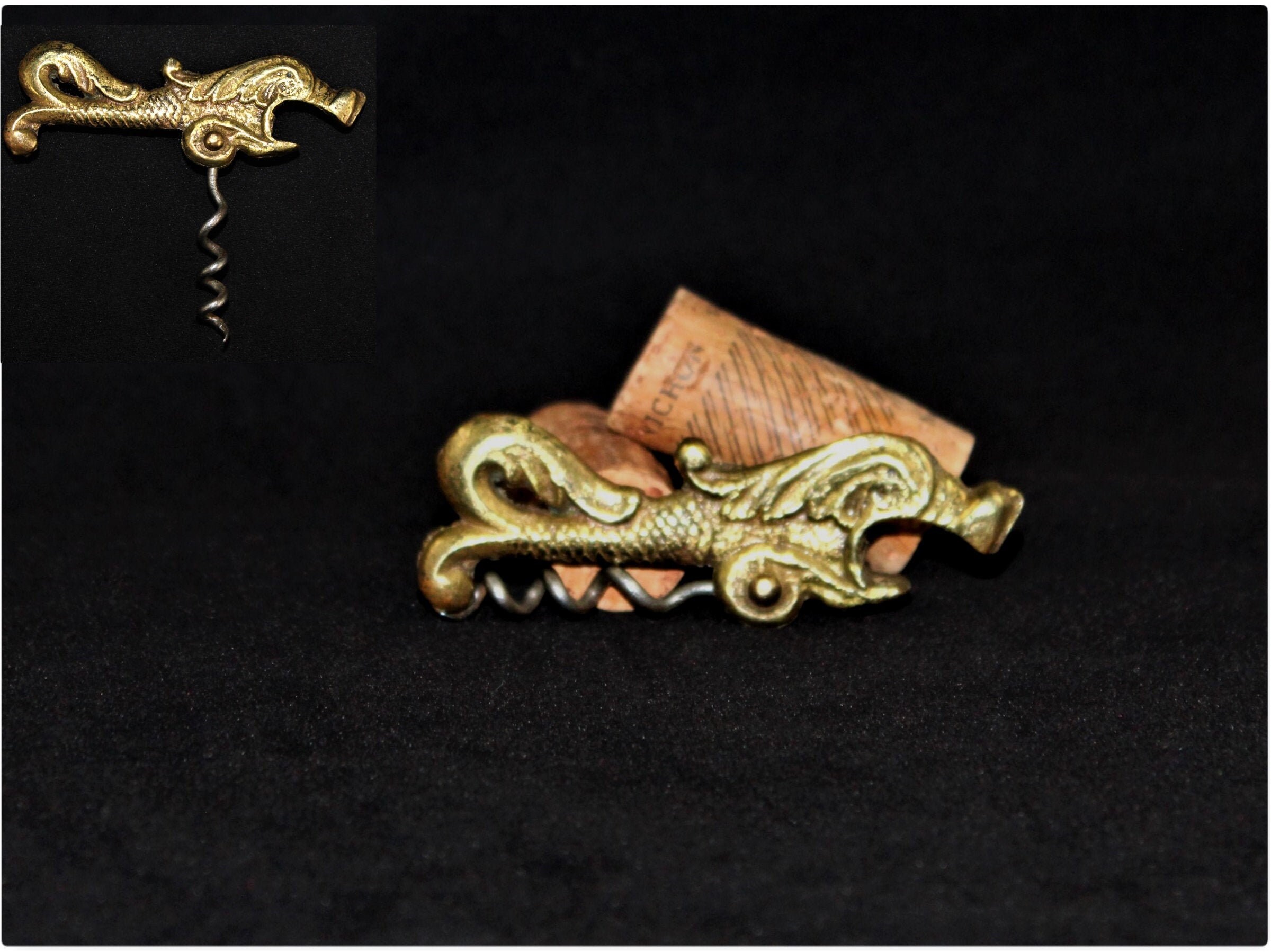 Antique Brass Sea Serpent Shaped Folding Pocket Corkscrew with Bottle Opener,  Travel Wine Opener