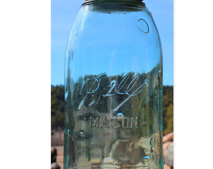 Antique 1900-1910, Triple L Logo Ball Fruit Jar with Zinc Lid, Blue Half Gallon Home Canning Jar