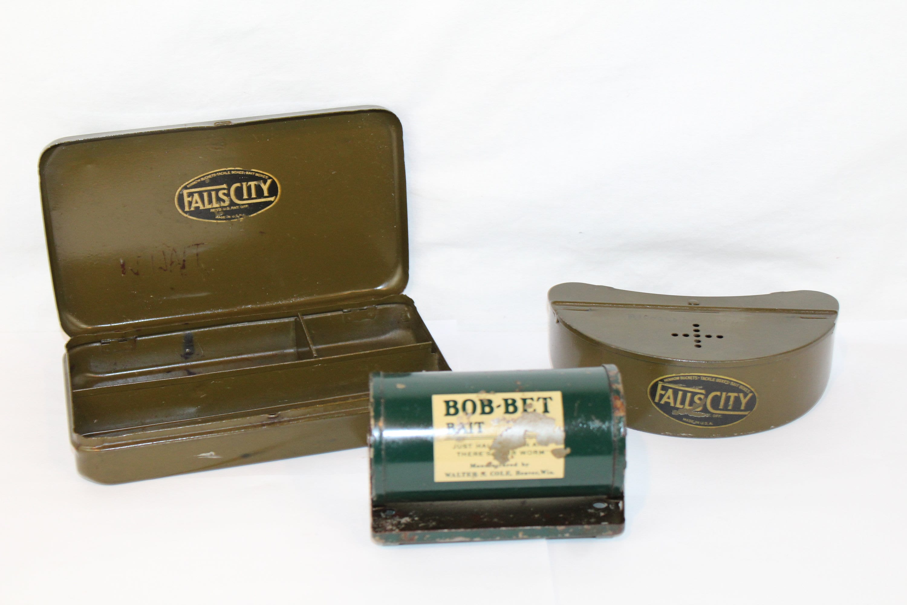 Vintage 1940-50s Fishing Boxes, Falls City Tackle Box, Fall City Bait Box,  Bob-Bet Bait Box