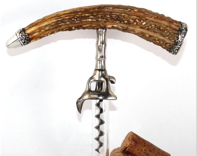 Antique Gorham Sterling Silver Stag Horn Handle Corkscrew, Wine Bottle Opener