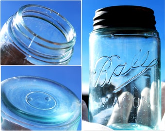 Antique 1900-1910, Triple L Logo Ball Fruit Jar with Zinc Lid, Blue Glass 16oz Size Jar, Home Canning Jar