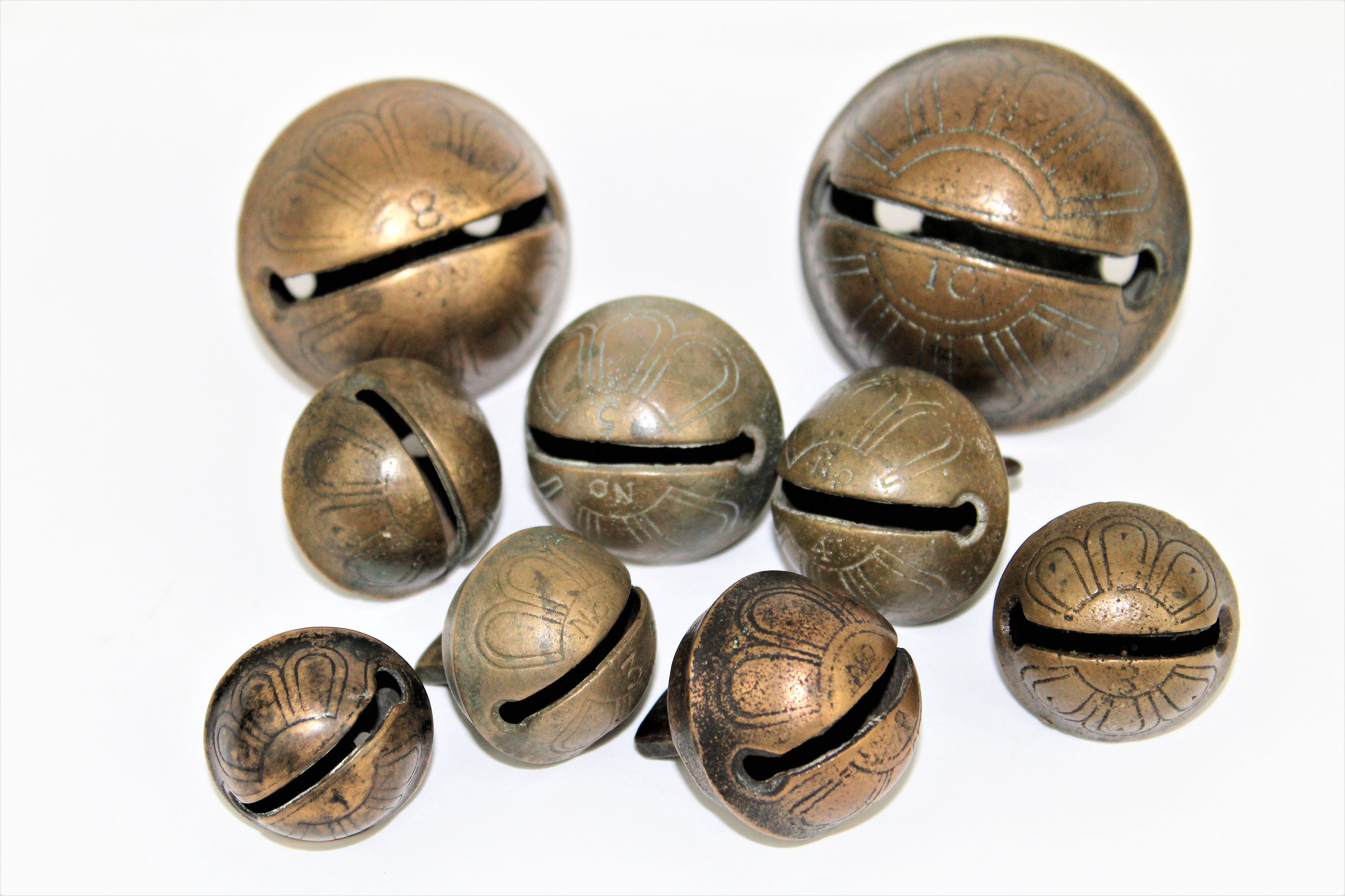 Set of Nine Charming Antique Sleigh Bells, Jingle Bells