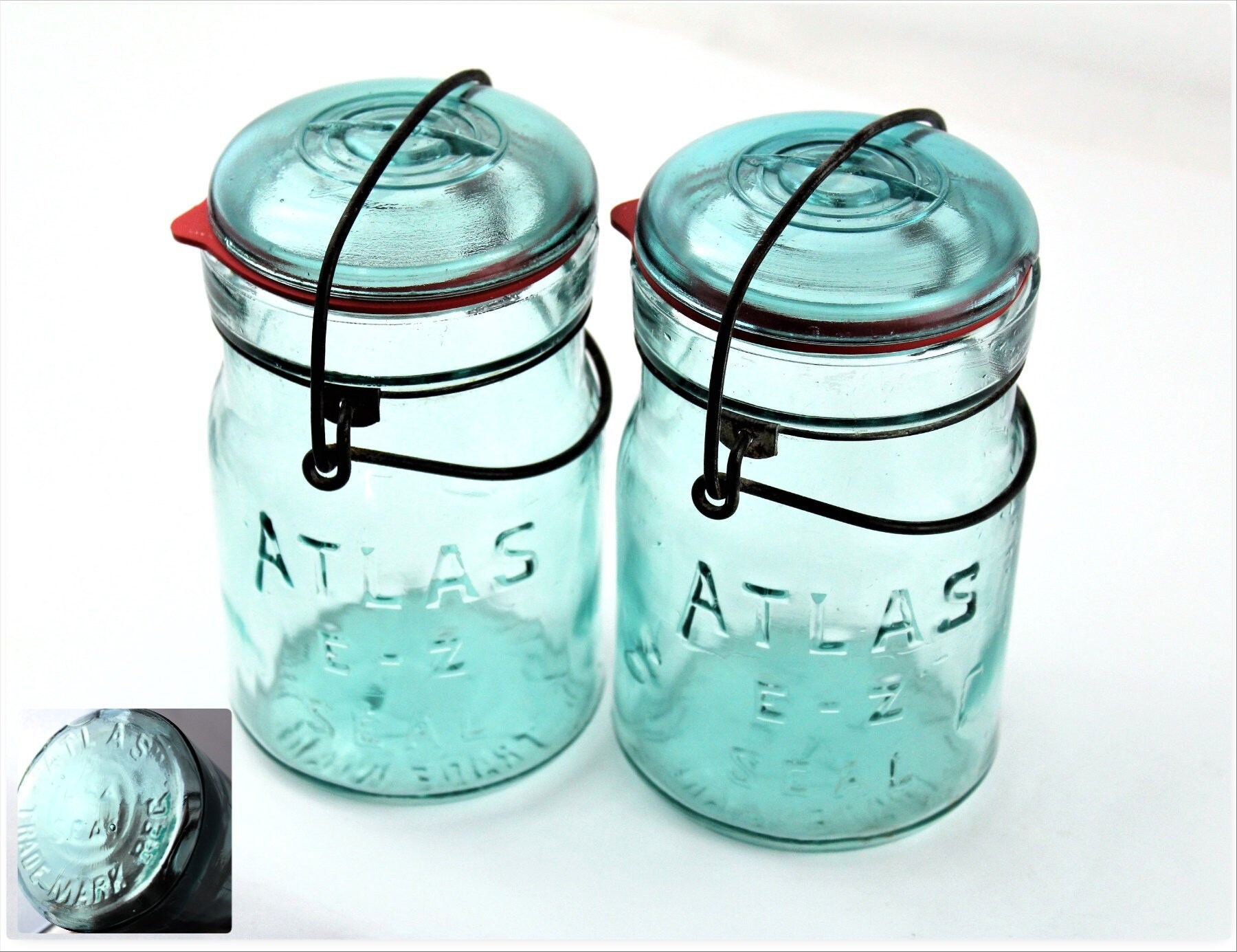 Antique Canning Jars, Pair of Blue Atlas EZ Seal, Canning Jars, Pint
