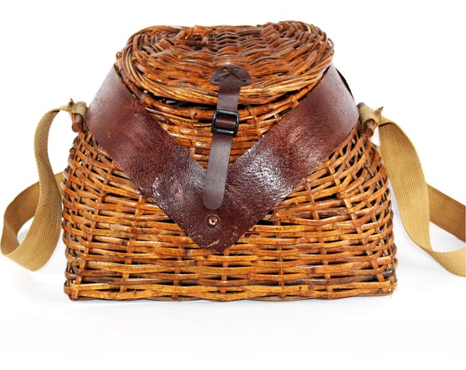 Vintage Wicker Creel Fishing Basket for Rustic Home Decor, Man Cave Display, or Angler's Gift
