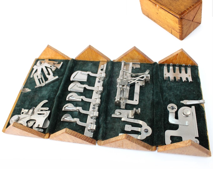 Vintage Singer Treadle Sewing Machine Puzzle Box with Attachments - Antique Notions Storage Decor