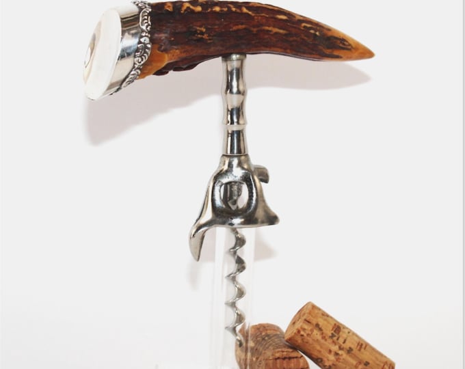 Antique Sterling Stag Horn Handle Corkscrew, Wine Bottle Opener