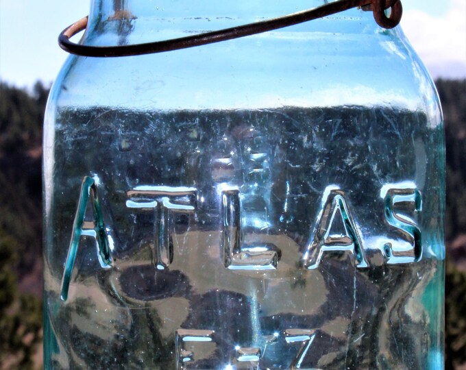 Antique ATLAS E-Z SEAL Blue Glass Canning Jar, Fruit Jar