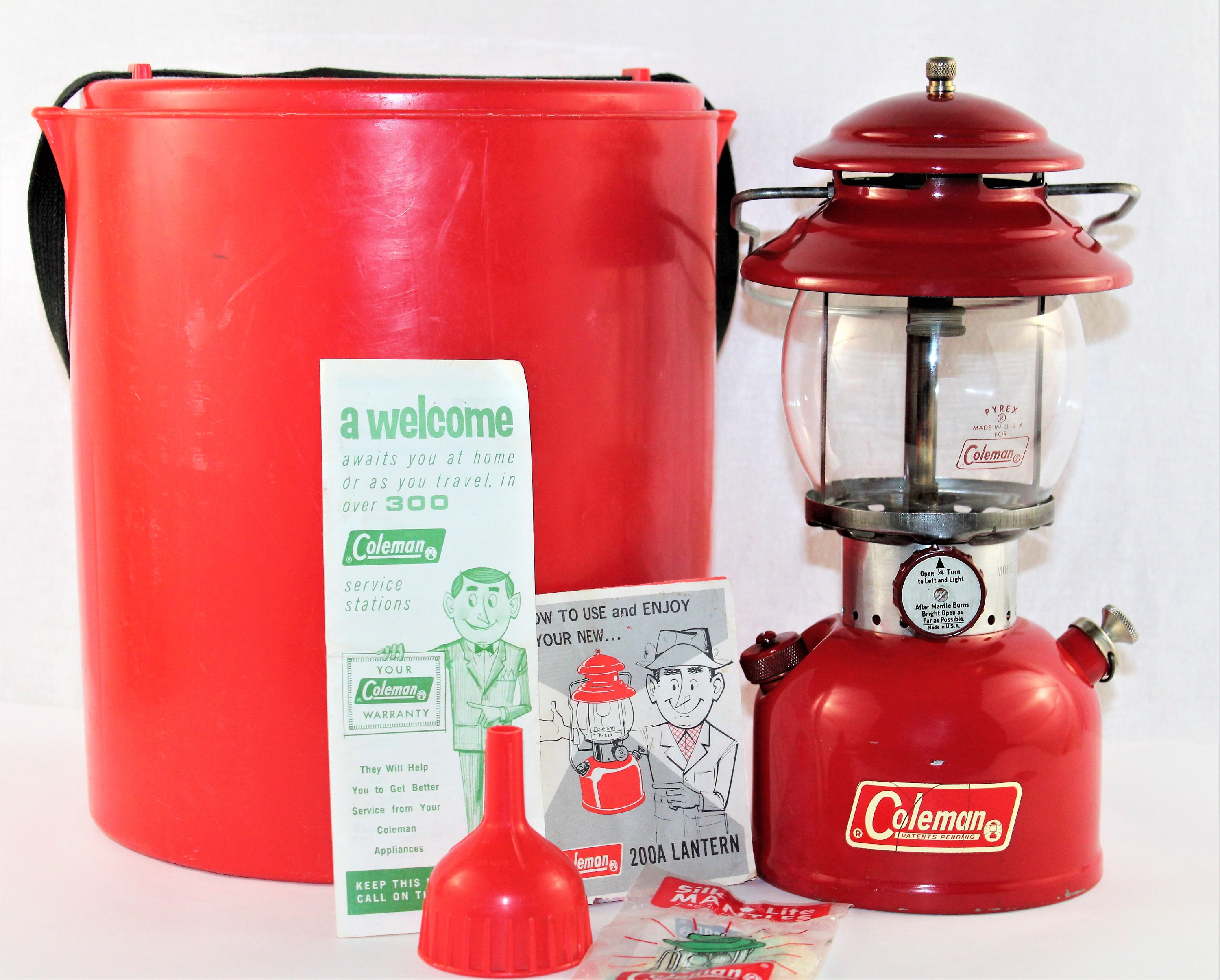 1966 Red Coleman 200A Lantern and Lantern Caddy, Camping Lantern