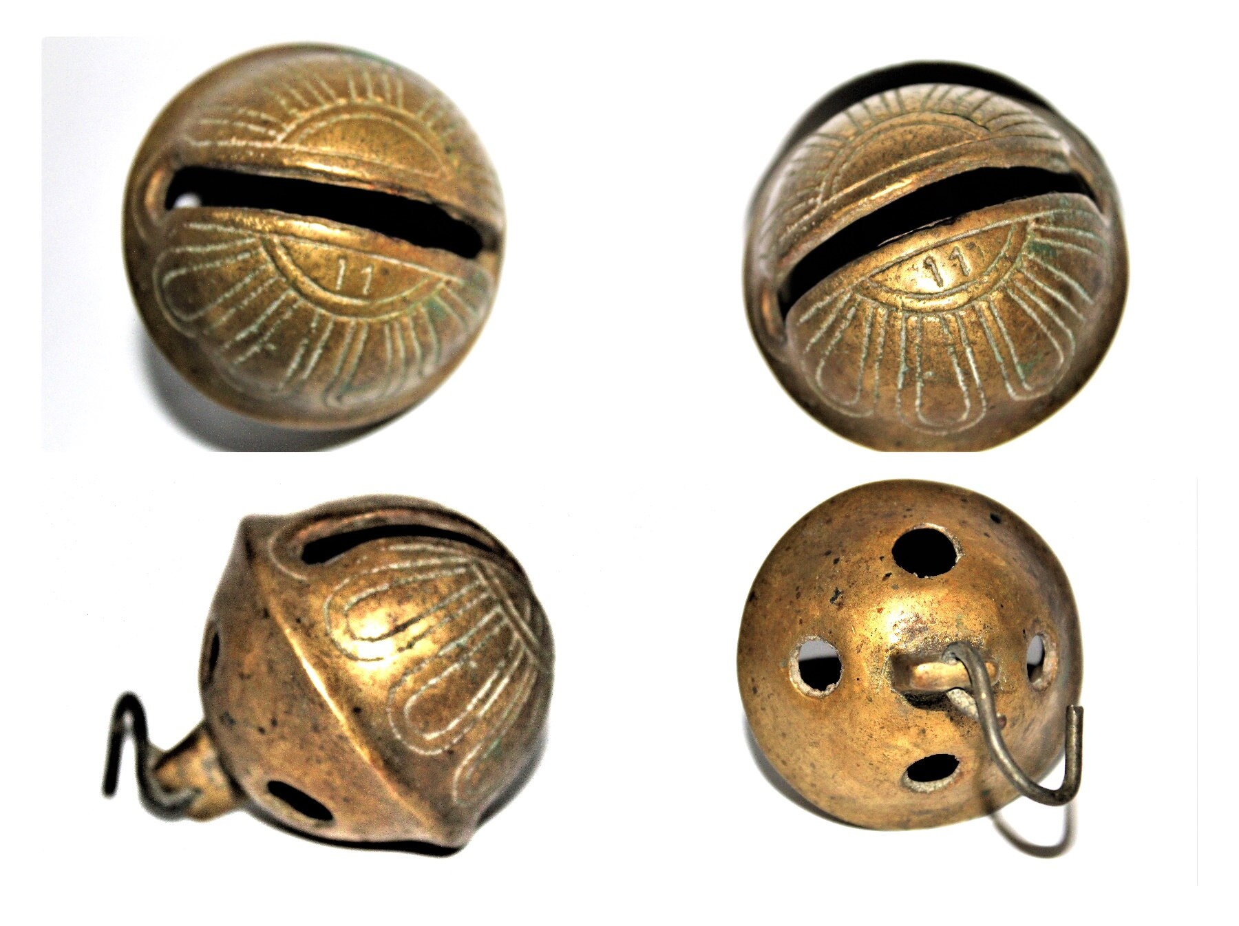 Antique Brass 11 Double Petal Sleigh Bell, Jingle Bell, Petal Bell