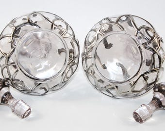 ヴィンテージシルバーオーバーレイガラスカラフェペア：バーウェア愛好