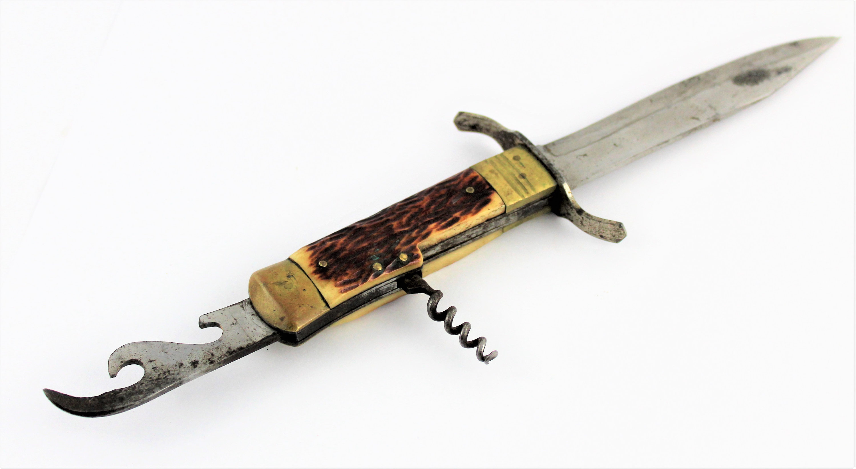 Vintage Fixed Blade Knife with Corkscrew and Bottle opener in Leather