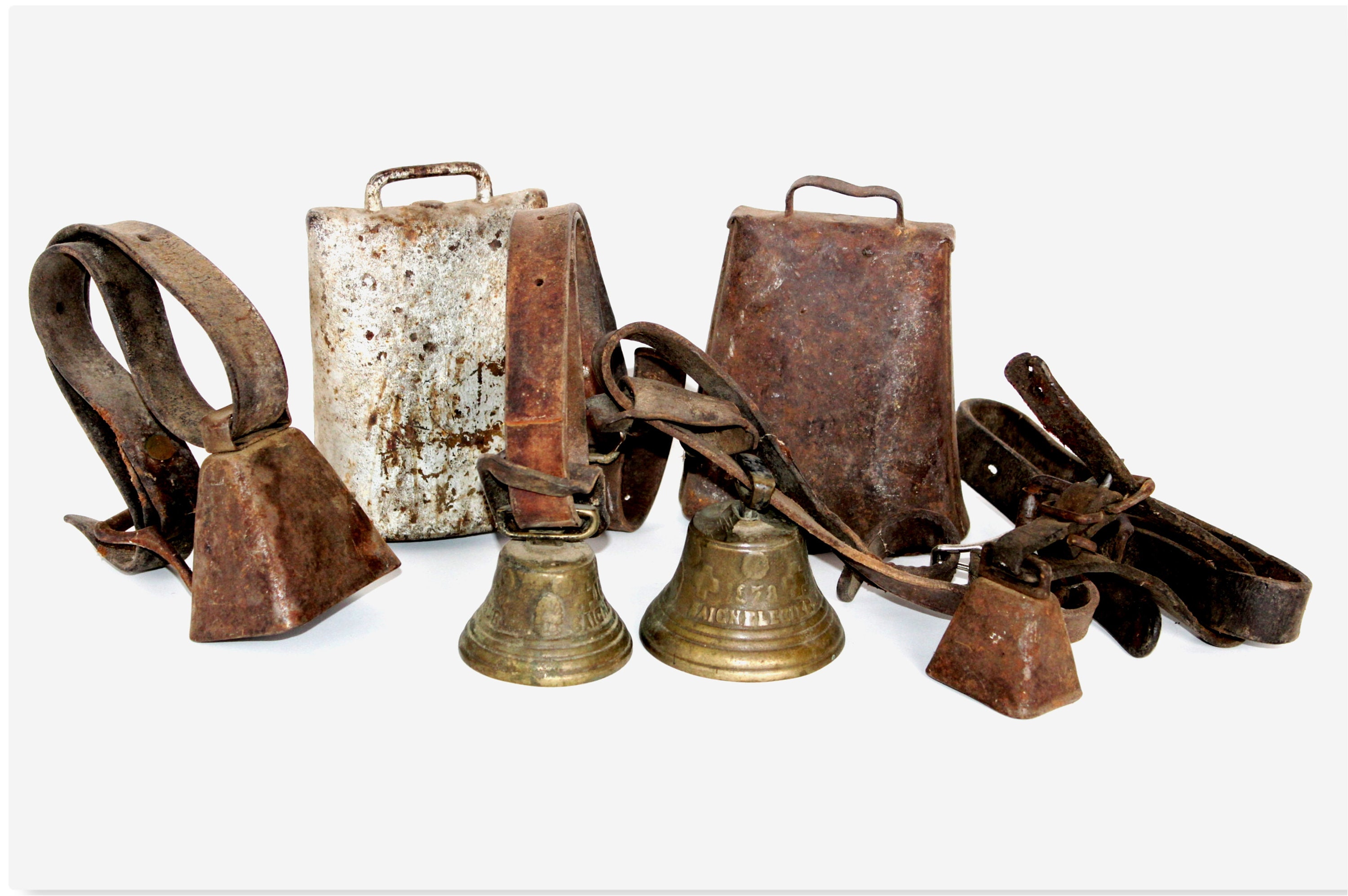 Collection of Antique Cow Bells, Chiantel Brass Cow Bells