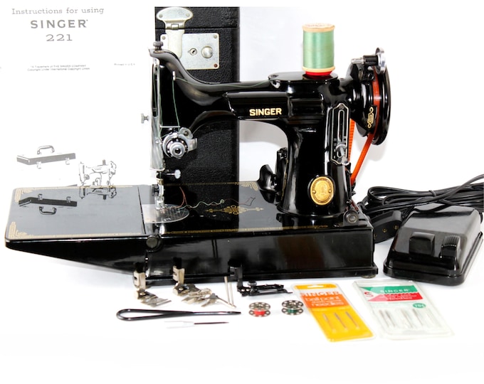 1953 Singer 221 Featherweight Sewing Machine with Carrying Case, Cleaned and Serviced