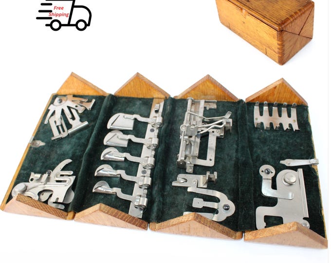 Vintage Singer Treadle Sewing Machine Puzzle Box with Attachments - Antique Notions Storage Decor