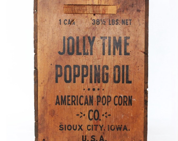 Antique Jolly Time Pop Corn Oil Wooden Shipping Crate
