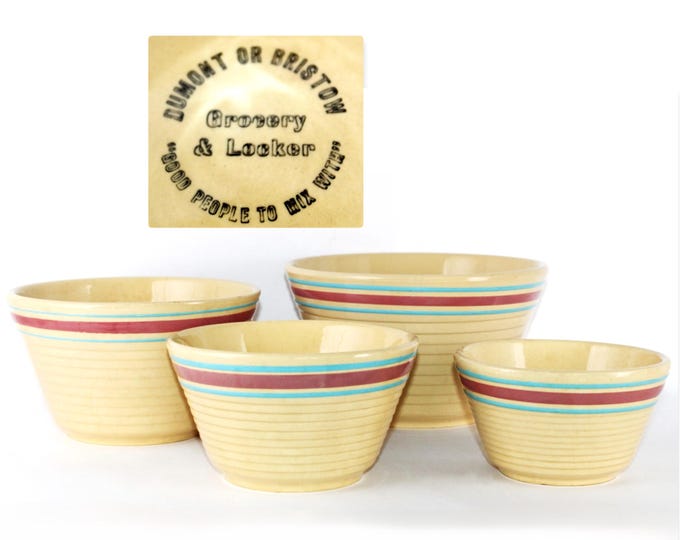 Vintage Watt Yellow Ware Ribbed Nesting Serving Bowls - Antique Kitchenware Collectible Set, Advertising