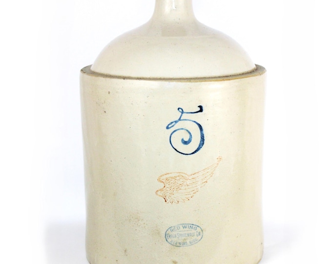 Antique 1920s Red Wing Union Stoneware Company Five Gallon Jug with 4" Wing