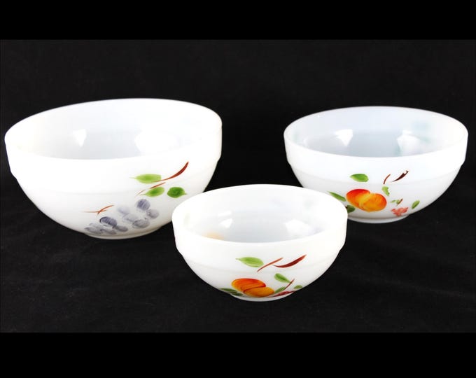 Vintage 1950s Fire-King Gay Fad Nesting Bowls: Hand-Painted Fruit Pattern on Milk Glass