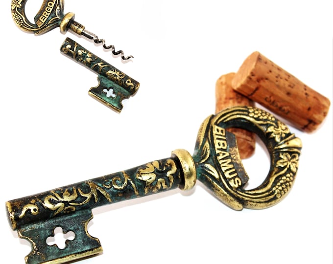 Vintage Italian Brass Key Corkscrew, Wine Bottle Opener