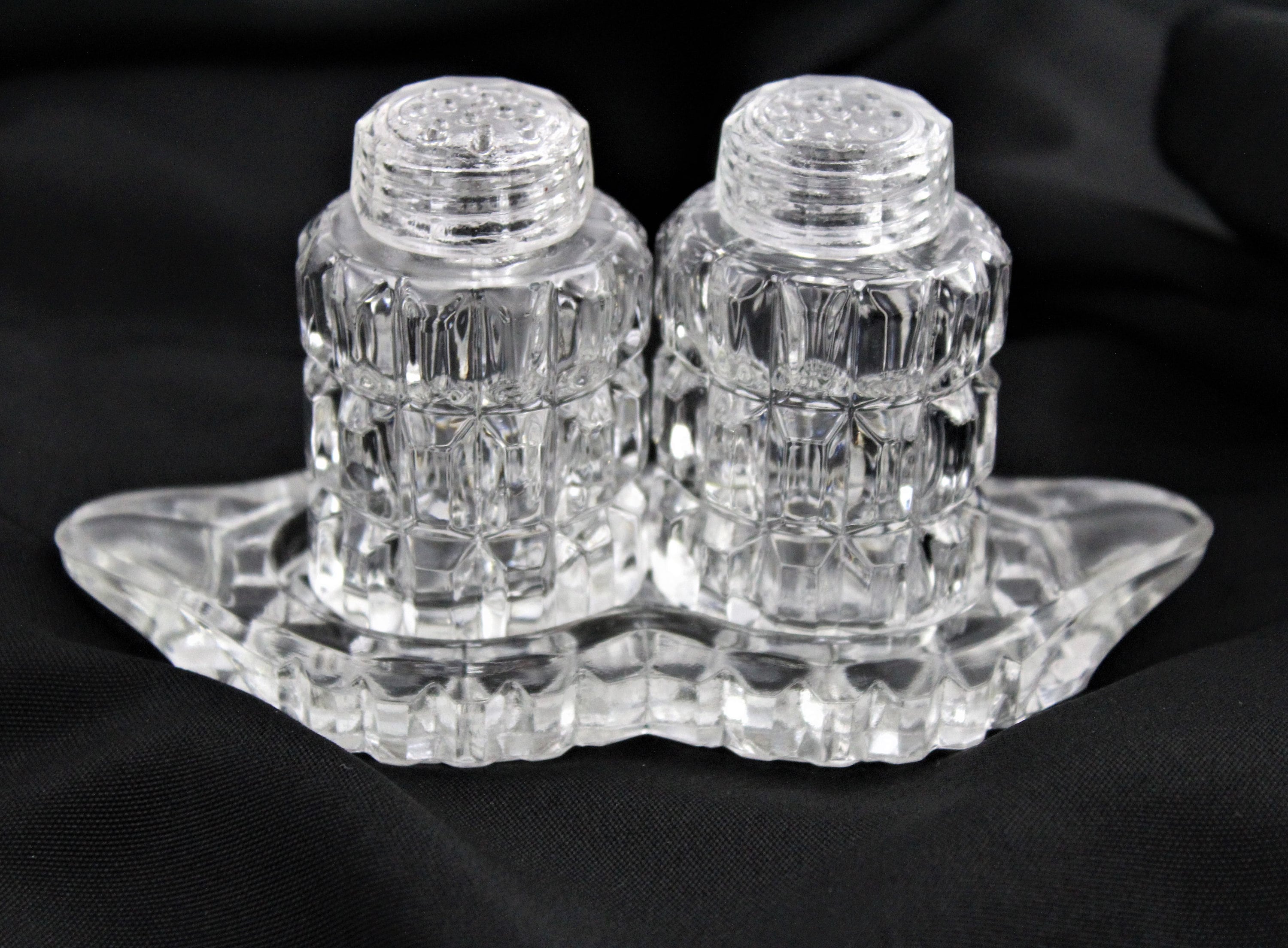 Elegant Glass Salt and Pepper Shakers, Matching Glass Tray, 1960s