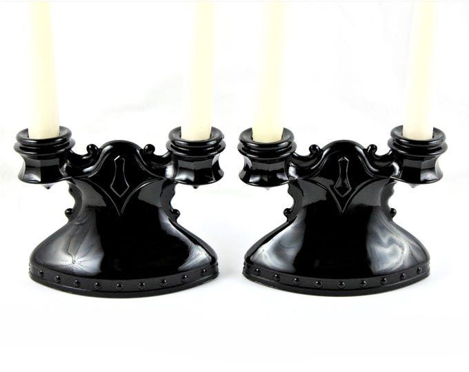 Vibrant Art Deco Black Glass Double Candle Holder, Tapper Candle Holder, Antique Candlesticks