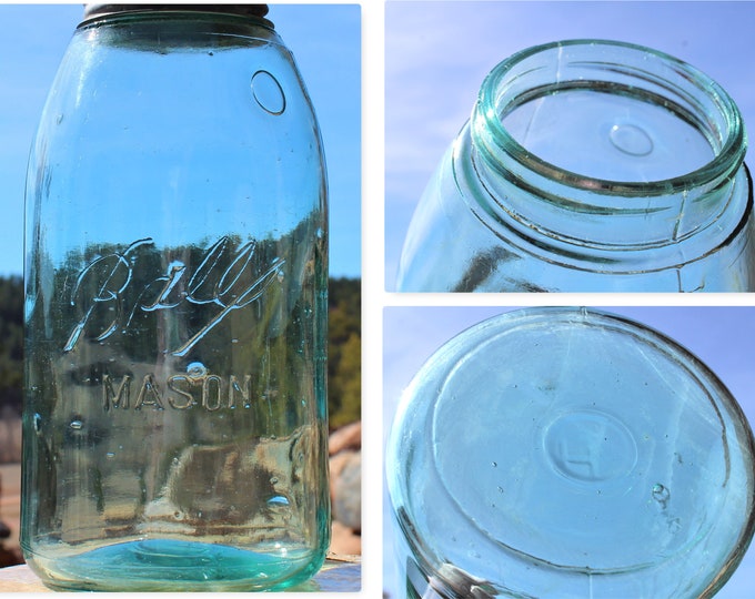 Antique 1900-1910, Triple L Logo Ball Fruit Jar with Zinc Lid, Blue Half Gallon Home Canning Jar