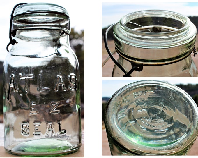 Antique ATLAS E-Z SEAL Green Home Canning Jar, Fruit Canning Jar