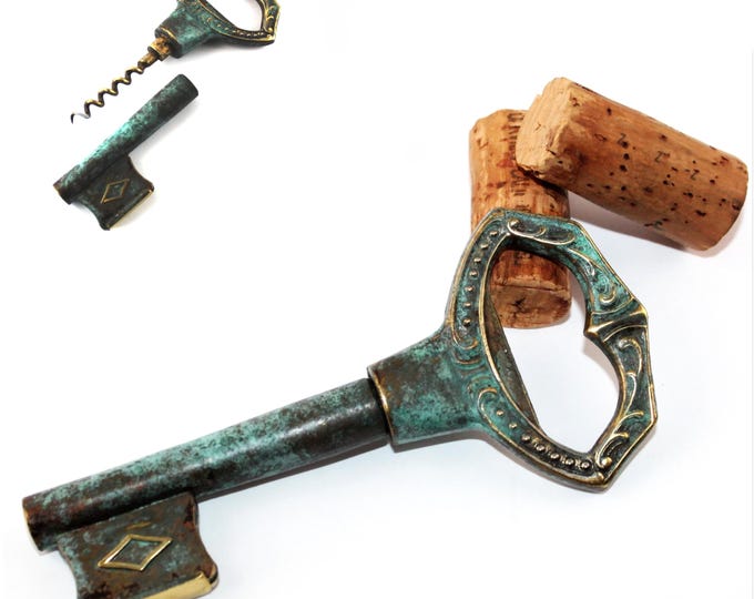 Vintage Italian Brass Key Corkscrew, Wine Bottle Opener