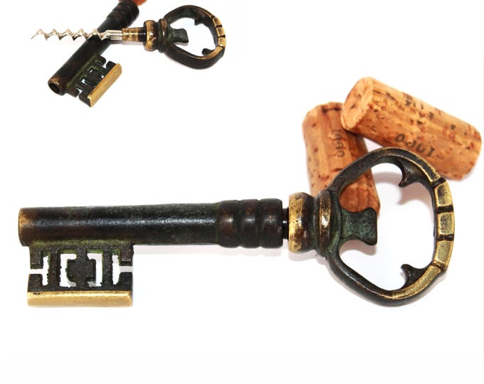 Vintage Italian Brass Key Corkscrew, Wine Bottle Opener