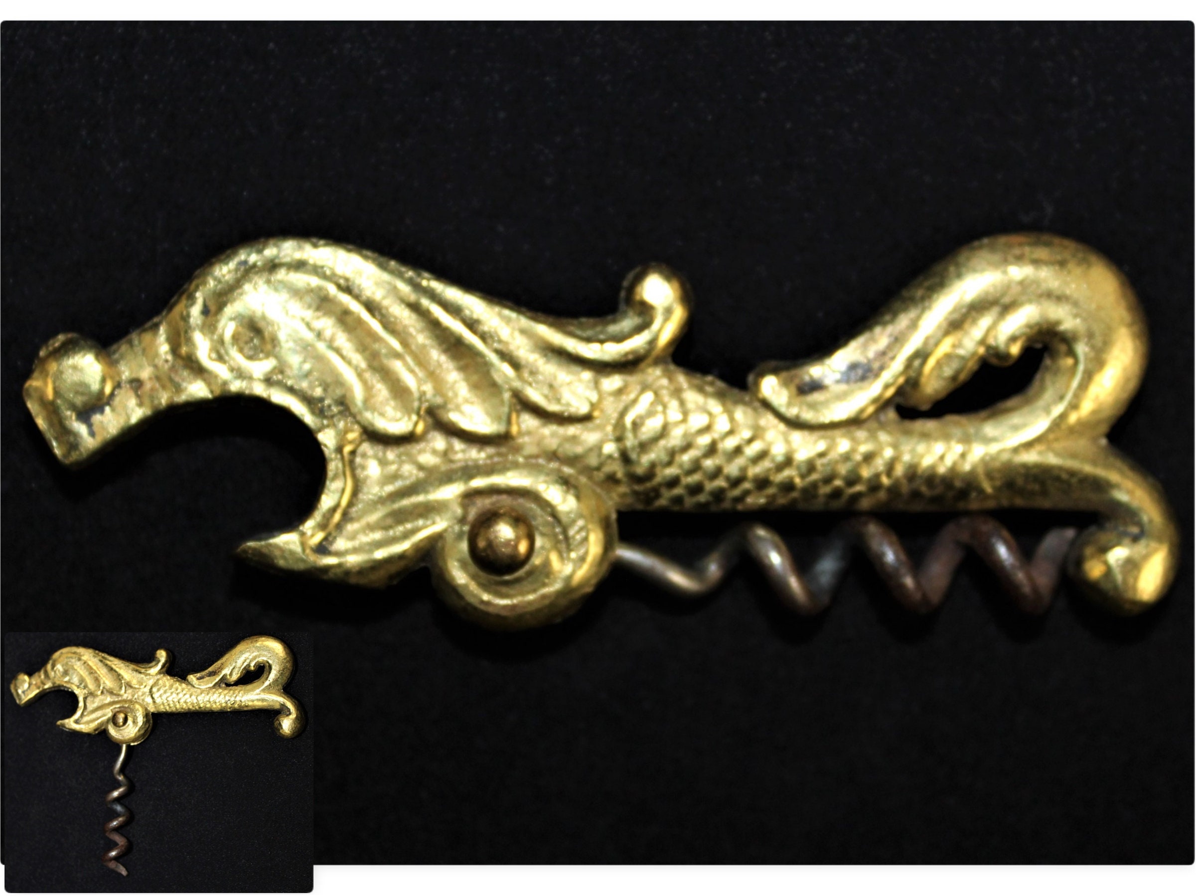 Antique Brass Sea Serpent Folding Corkscrew with Bottle Opener, Travel Wine  Opener