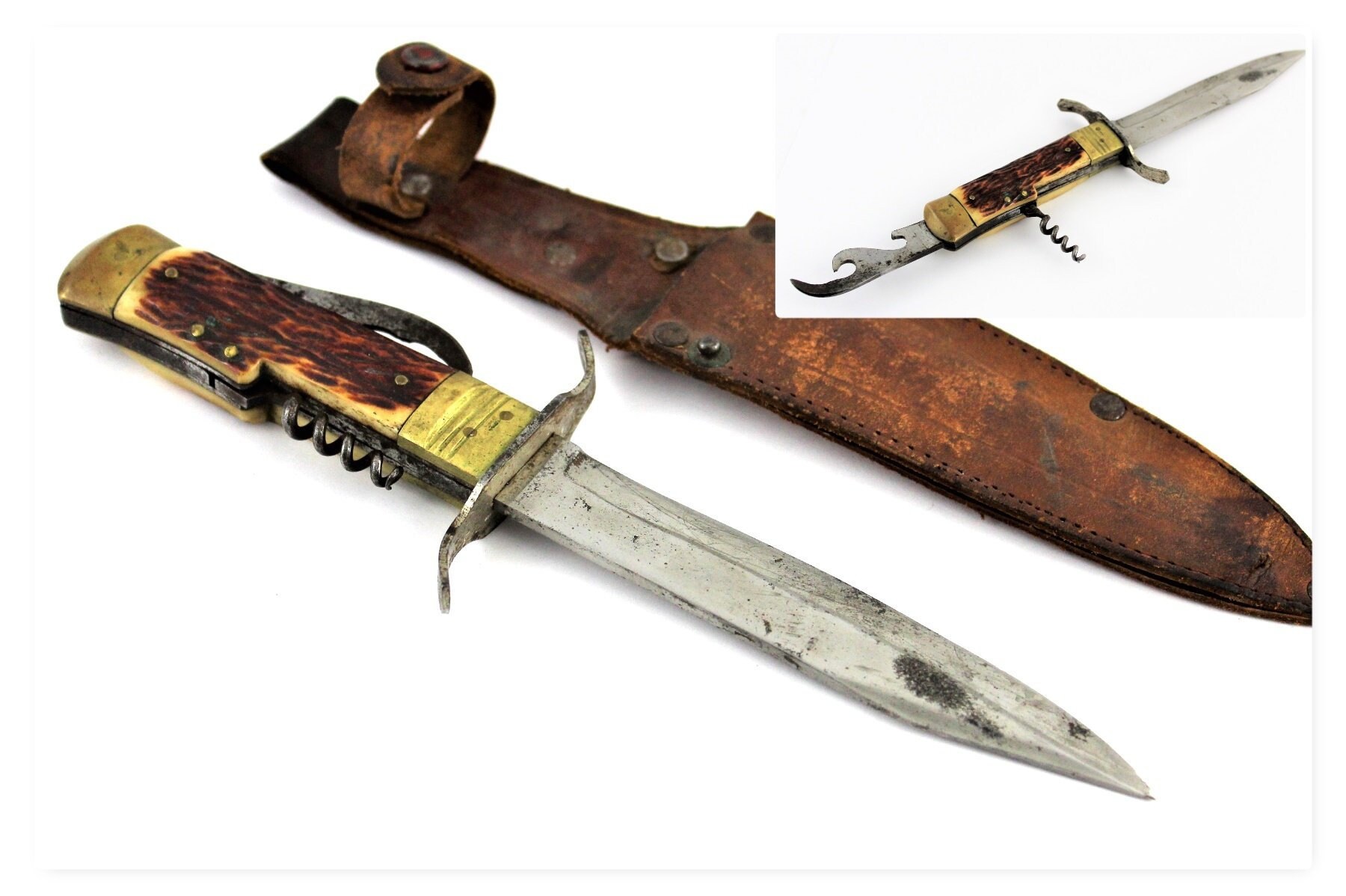 Vintage Fixed Blade Knife with Corkscrew and Bottle opener in Leather